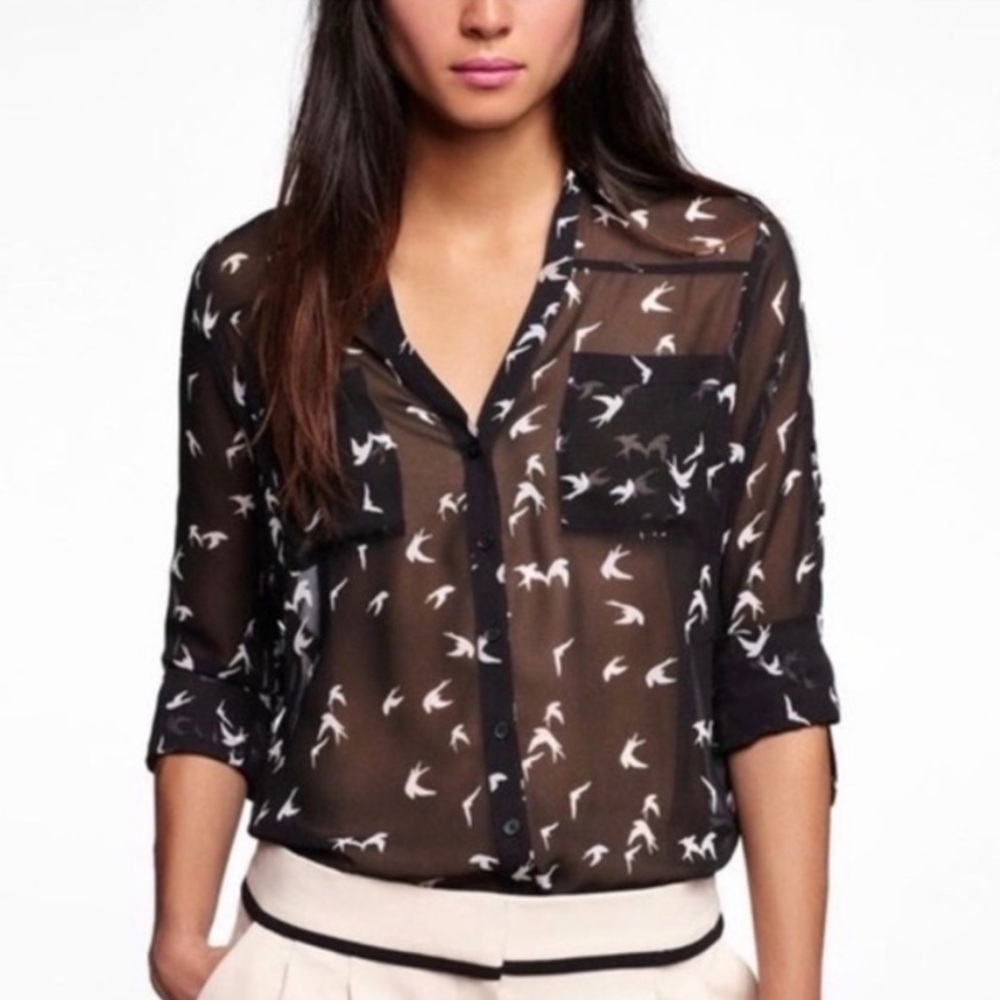Express The Portofino Shirt Sheer With Bird Print Size Small